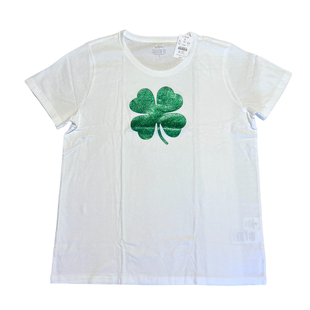 NWT J. Crew White W/Green Glitter Clover Graphic Tee
